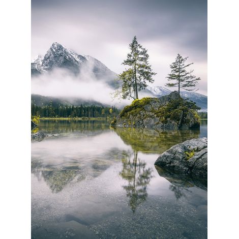 Papier peint panoramique montagne avec brouillard | Tapisserie panoramique nature grise et verte | Papier peint panoramique paysage lac & forêt - 192 X 260 cm (4 pièces) (1/2)