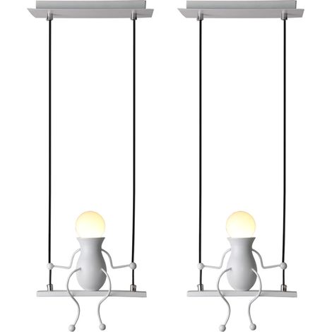 2 Stück Kreativ LED Pendelleuchte Modern Humanoid Hängelampe E27 Höhenverstellbar für Kinder Zimmer, Treppen, Flur, Küche, Wohnzimmer(Weiß)