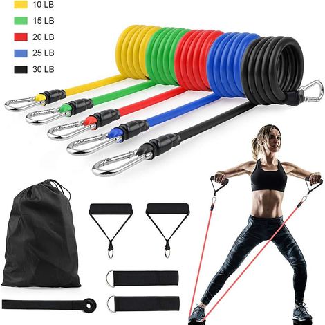 Conjunto de bandas de resistencia 11 en 1, apilables hasta 45 kg, con 5 bandas de resistencia/bandas de gimnasia, asas, correas para tobillos, anclaje para puerta y bolsa de transporte, para gimnasio  (1/5)