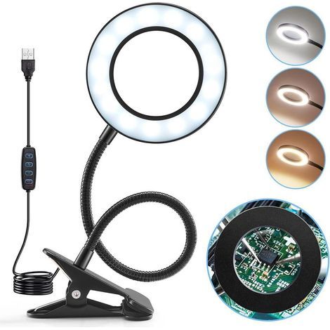 5X Lampe Loupe, 360° Flexible Lampe Loupe de Lecture, 3 Couleurs 10 Luminosité Lampe de Bureau LED, Dimmable Lampe Pince USB Lampe Loupe sur Pied,Lampe Bureau LED Portable Pliable Loupe Bijoutie (1/5)