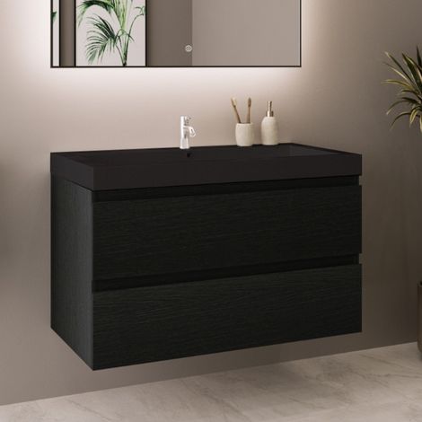 LOMAZOO Meuble de Salle de Bain 80cm Chêne Noir - Vasque Noire - (1/5)