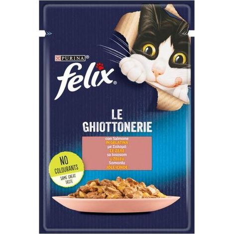 felix le ghiottonerie, alimento umido per gatto con salmone in gelatina.