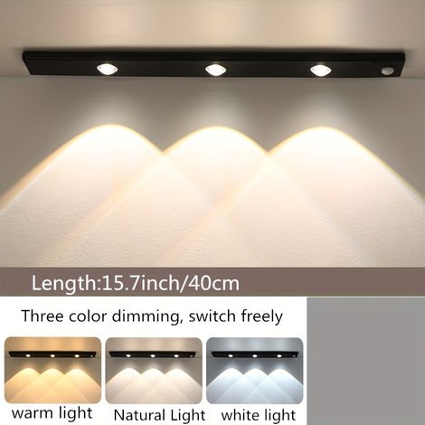 Barre lumineuse LED à détecteur de mouvement de 40 cm, rechargeable et magnétique, pour armoire de camping-car, 3 couleurs à intensité variable, noir (1/5)