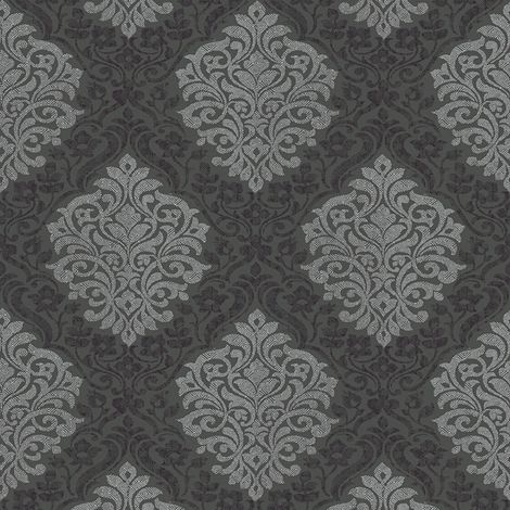 Papier peint noir & argent à motif Tapisserie salon baroque noire & grise Papier peint intissé baroque pour chambre adulte (1/5)