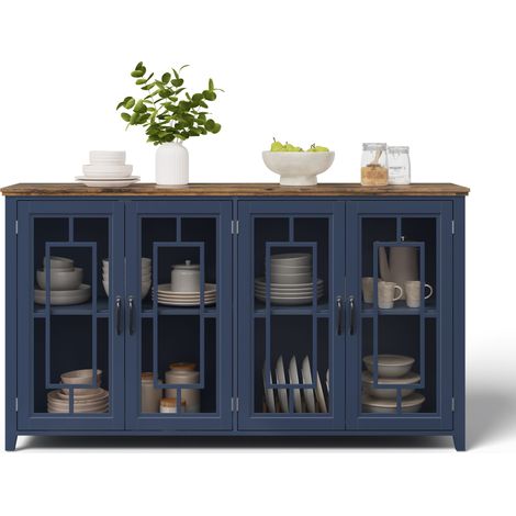 Buffet de cuisine 160x40x86 cm, meuble de rangement avec portes vitrées, grand compartiment, plan de travail aspect bois, MDF, Bleu (1/5)