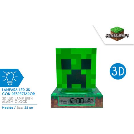 Lampe 3D Minecraft verte avec réveil numérique – Fonctionne en USB – Dimensions 21.4 x 13 x 13 cm – Veilleuse et sons du jeu – Kidslicencing