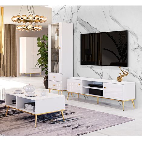 Wohnwand in Hochglanz weiß mit Couchtisch und Schrank GUBIN-131 edles Design mit goldenen Akzenten (1/5)