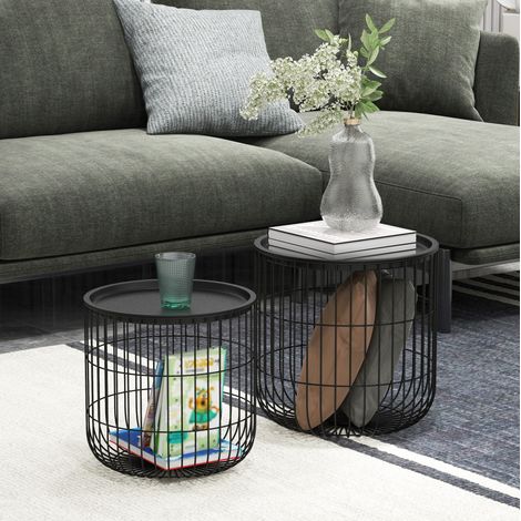 Set di 2 tavolini rotondi in acciaio nero con contenitore, stile scandinavo, 40 cm e 35 cm, OKWISH (1/5)