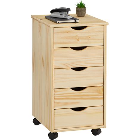 Idimex – Caisson de bureau sur roulettes en pin massif naturel – 5 tiroirs – Dimensions 65 x 35 x 40 cm (H x L x P) – Surface résistante aux éraflures