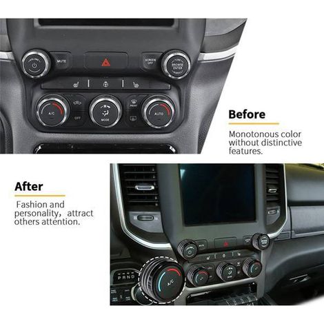 5-piece set for Dodge Ram 2019-2021 models with audio, air conditioning, AC switch knobs, and aluminum gold rings. (1/4)