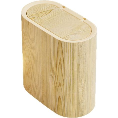 Poubelle ovale étroite à pression imitation bois clair naturel anti-odeur, contenance 12L plastique résistant, corbeille à papier gain de place pour interstice toilettes, salle de bain et cuisine (1/3)
