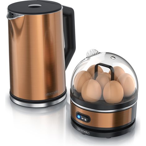 Arendo Frühstücksset, Wasserkocher ELEGANT mit Eierkocher SEVENCOOK Edelstahl Kupfer, Wasserkocher 1,5L, Eierkocher 1-7 Eier, Messbecher (1/5)