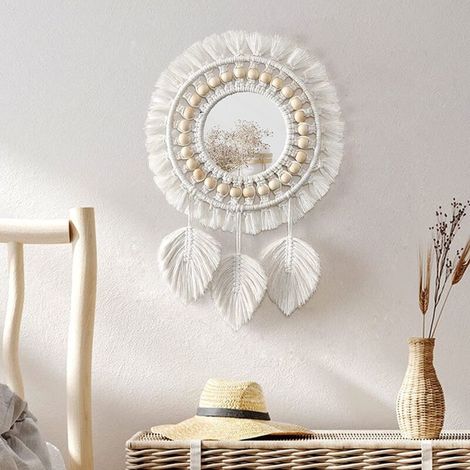 Macramé Miroir Muraux Suspendu avec Frange Rond Mural Miroir Décoratif Plume Pendentif Art Ornement pour Appartement Maison Chambre Salon