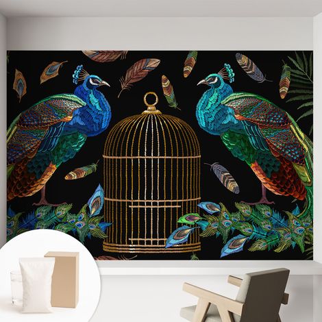 Papier peint intissé décoratif pour chambre et salon Design moderne à poser facilement - Colle incluse gratuite Image de paon 152x104 cm (1/5)