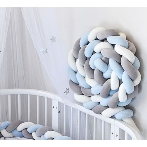2M Tour de lit coussin Serpent Coussin Tressé pare-chocs Velours Protection bébé 100% Fait à Main Bleu+Blanc+Gris (1/4)