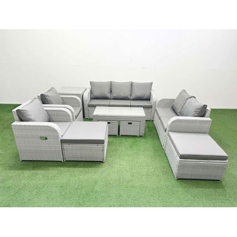 Fimous PE Wicker Rattan Furniture Sets with Oblong Coffee Table Love Sofa Reclining Chair 3 Seater Sofa 4 Stools Side Table Light Grey Mixed (1/4)