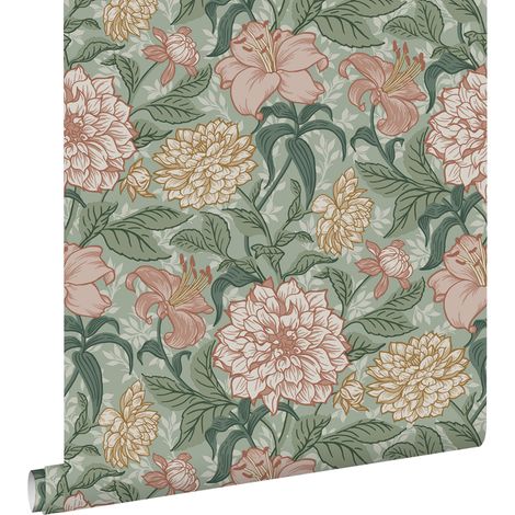 papier peint fleurs vintage vert et vieux rose - ESTAhome