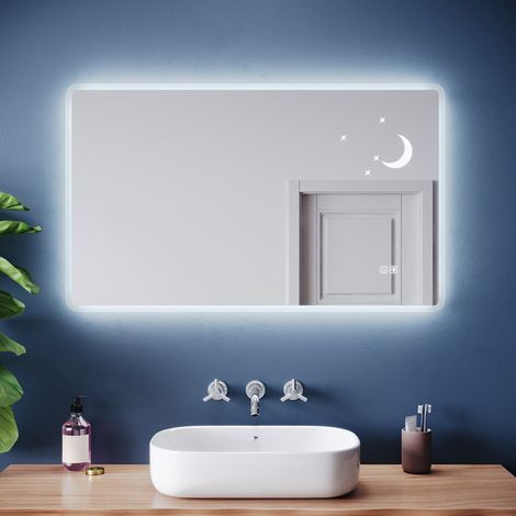 SONNI Badspiegel mit Beleuchtung Sternen- und Mondmuster, Quadrat Anti-Beschlag LED Badezimmerspiegel mit 3 Lichtfarben und Memory-Funktion, 1000 x 600 mm