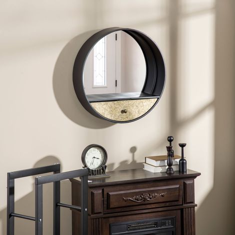 Runder Wandspiegel Ø 61 cm, dekorativer Spiegel mit Schublade und Rahmen aus Metall und MDF, Schwarz