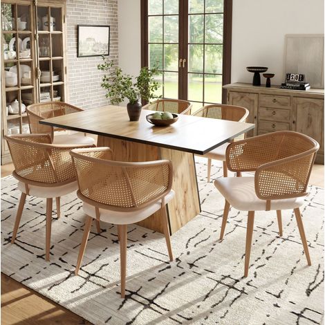 6 sillas de comedor con respaldo de ratan, PU beige marron, 47 x 51 x 79 cm (1/5)