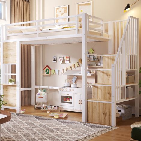 Cama alta 90 x 200 cm de metal y MDF con escalera de almacenaje, blanco HAVRYA (1/5)
