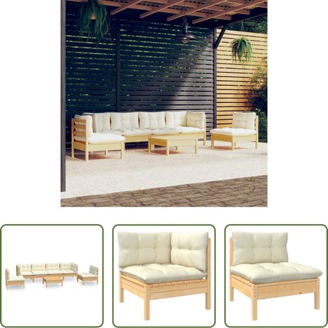 Terrassensofa - 7-tlg. Garten-Lounge-Set mit Creme Kissen Massivholz Kiefer (1/5)