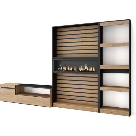 Skraut Home – Ensemble meuble TV moderne avec cheminée électrique – Dimensions 320x35x186cm – Chêne et noir – Rangement optimisé pour salon (1/5)
