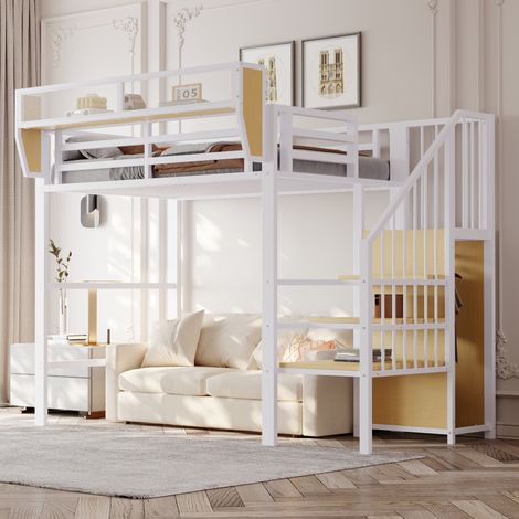 Letto a Soppalco 90×200 cm, Letto Singolo con Scala di Sicurezza, Mensola Contenitore Regolabile e Rimovibile, senza Materasso, Bianco (1/5)