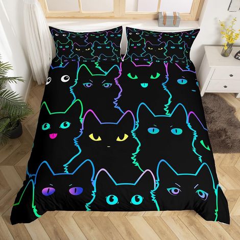 Parure de lit avec housse de couette 135 x 200 cm - Motif chat - Motif animal - Multicolore - Noir - Pour garçons, filles, adolescents, ligne 3D - Décoration de salon moderne (1/5)