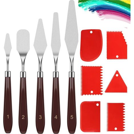 11Pcs Couteau Peinture Set, Materiel Peinture Art,Spatule Peinture avec 6 Grattoirs en Plastique, 5pcs Palette Couteau Acier Inoxydable pour Modeling Paste,Peinture à Lhuile