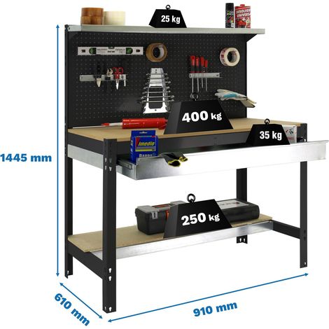 Simonrack Werkbank aus robustem Anthrazitmetall mit Holzoberfläche