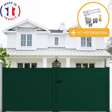 Portail aluminium battant plein en kit + Motorisation dimensions L.4000 (entre piliers ) X H.1700 mm SGS Essential (vérins) Couleurs Vert (RAL 6005) (1/2)