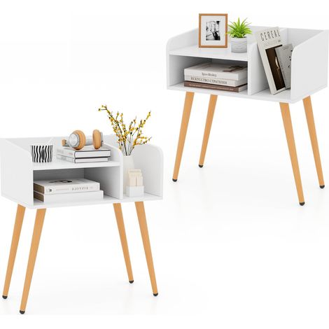 Set di 2 Comodini in stile moderno semplice ma pratico, Tavolini a 2 piani con mensole aperte Bianco + Naturale (1/5)