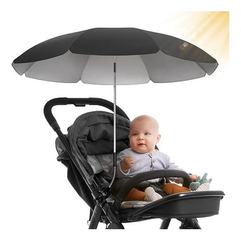 Parasol for Pushchairs, UV Protection 50+/70 cm Diameter with Overhang, Sun Protection, Pushchair with Universal Flexible Stand, Black (1/5)