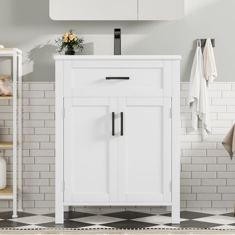 Meuble vasque moderne sur pied 60 x 46 x 84,8 cm en MDF laqué blanc avec vasque intégrée en céramique, 2 portes et 1 tiroir (1/5)