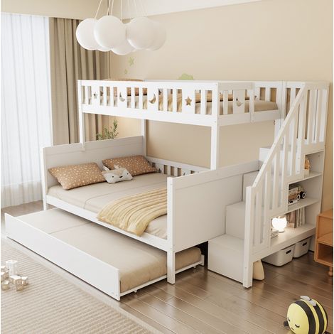 Litera 90/200 y 140/200 cm blanca con escalera almacenaje y cama nido (1/5)