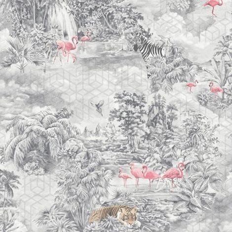Mayang Geometric Jungle Themed Wallpaper Modern Feature Wall Grey (1/5)