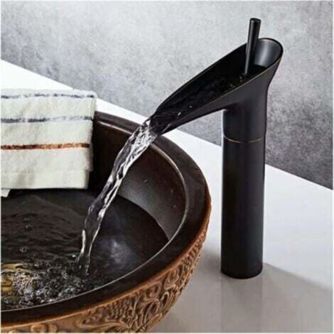 NALOOKAMIC Robinet de lavabo de salle de bain, mitigeur cascade, mitigeur d'évier réglable eau chaude et froide, laiton chromé, noir (1/3)