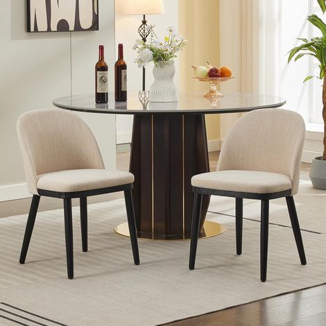 Lot de 2 chaises de salle à manger moderne en lin beige, siège rembourré épais, dossier ergonomique, pieds bois solides, pour salle à manger, cuisine et café (1/5)