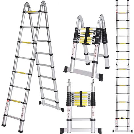 Scala Telescopica Portatile e Pieghevole Scala Pieghevole in Alluminio Nero, Carico 150 Kg - 5 m (2.5 m + 2.5 m)