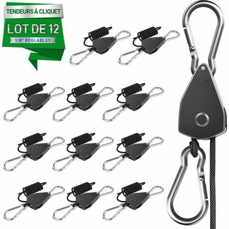 Lot de 12 tendeurs à cliquet réglables 1/8 pouce, corde 2,2 m, 34 kg/unité, pour bâches, camping, kayak et suspension (1/5)