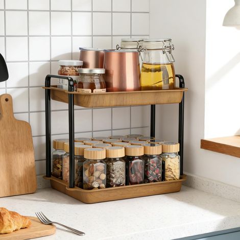 Étagère à Épices, Rangement 2 Étagères, Organisateur de Cuisine en Acier Carbone et Imitation Bois, Tiges de Support Renforcées, pour Plan de Travail, Cuisine, Salle de Bain, Bureau (1/5)
