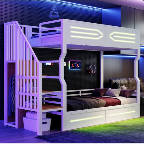 Litera de 90x200 cm de metal blanco y MDF con escalera de almacenamiento, armario integrado e iluminación LED. (1/5)