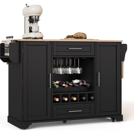 Isola da cucina con ruote CHICFURN 138x70x92 cm in MDF nero, piano pieghevole