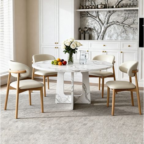 Ensemble salle à manger rond modulaire avec table MDF effet marbre blanc Ø120 cm et 4 chaises en chêne (1/5)