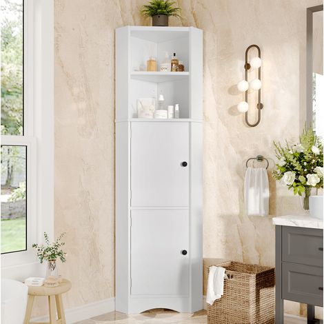 Badmöbel Eckschrank modern aus MDF, weiß lackiert, 2 Türen, 2 offene Fächer, verstellbare Einlegeböden, 51,7x32x155,4 cm (1/5)