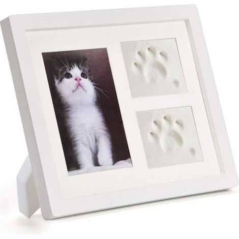 Bilderrahmen mit Pfotenabdruck-Set für Hunde & Katzen, 3D Gipsabdruck, Massivholz, Weiß (1/5)