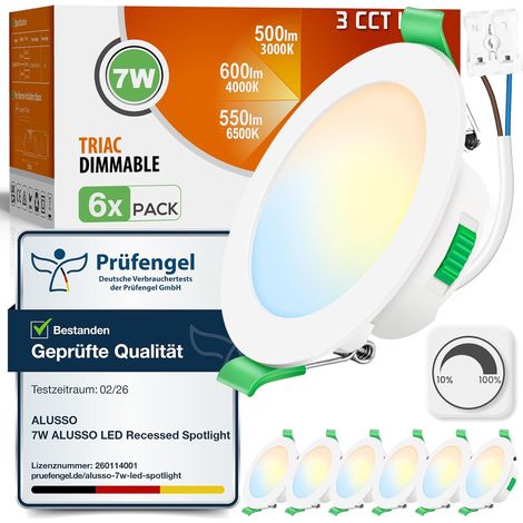 Lot de 6 Spot LED Encastrable 68mm,7W Led Spot Dimmable AC 220-240V,3000K 4000K 6500K Étanche IP44 Réglable Plafonnier Encastré pour Salle de Bain,Salon,Chambre,Cuisine,Rond,Noir