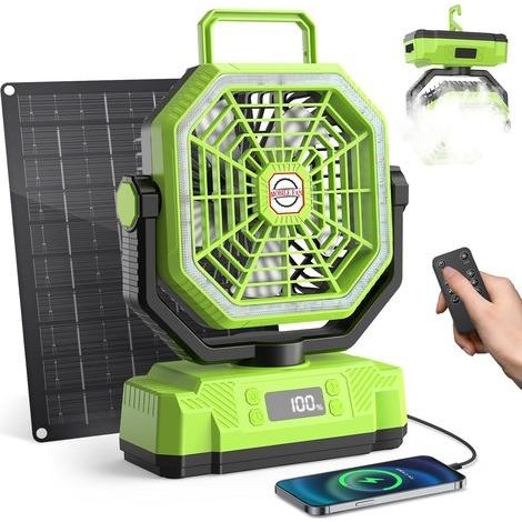 Ventilateur Solaire avec Batterie 20000mAh,Panneau Solaire 10 W,Lanterne LED,Affichage Numérique,Secouant la tête,Télécommande,Minuterie,Crochet.Ventilateur Camping USB Rechargeable pour Extérieur (1/5)