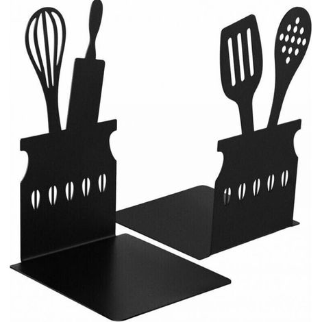 Serre-livres de cuisine noir Cuillère Livre de cuisine décoratif Serre-livres en métal avec tapis antidérapant Stockage de livres de cuisine en métal Bouchons de livres Support de livre de cuisine en